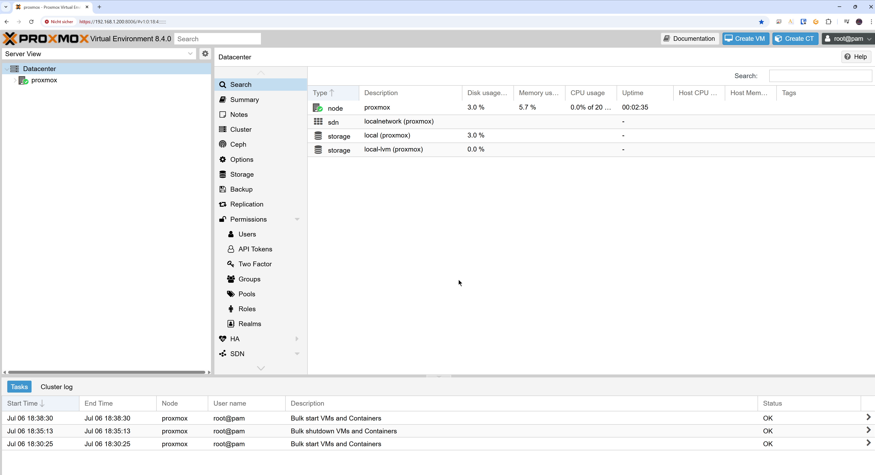 Proxmox WebUI Weboberfläche