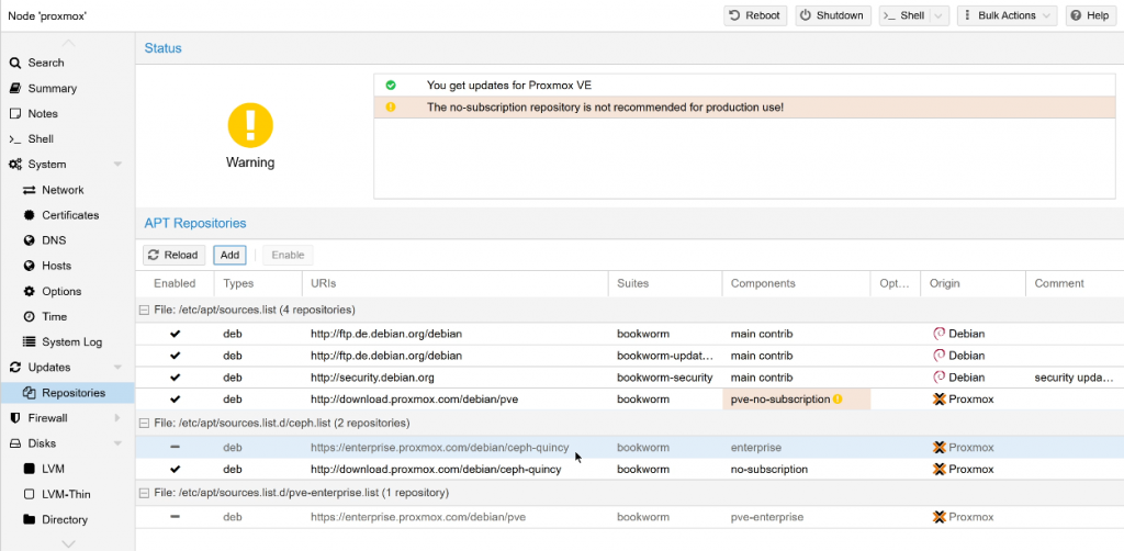 Proxmox No Subscription Einstellungen